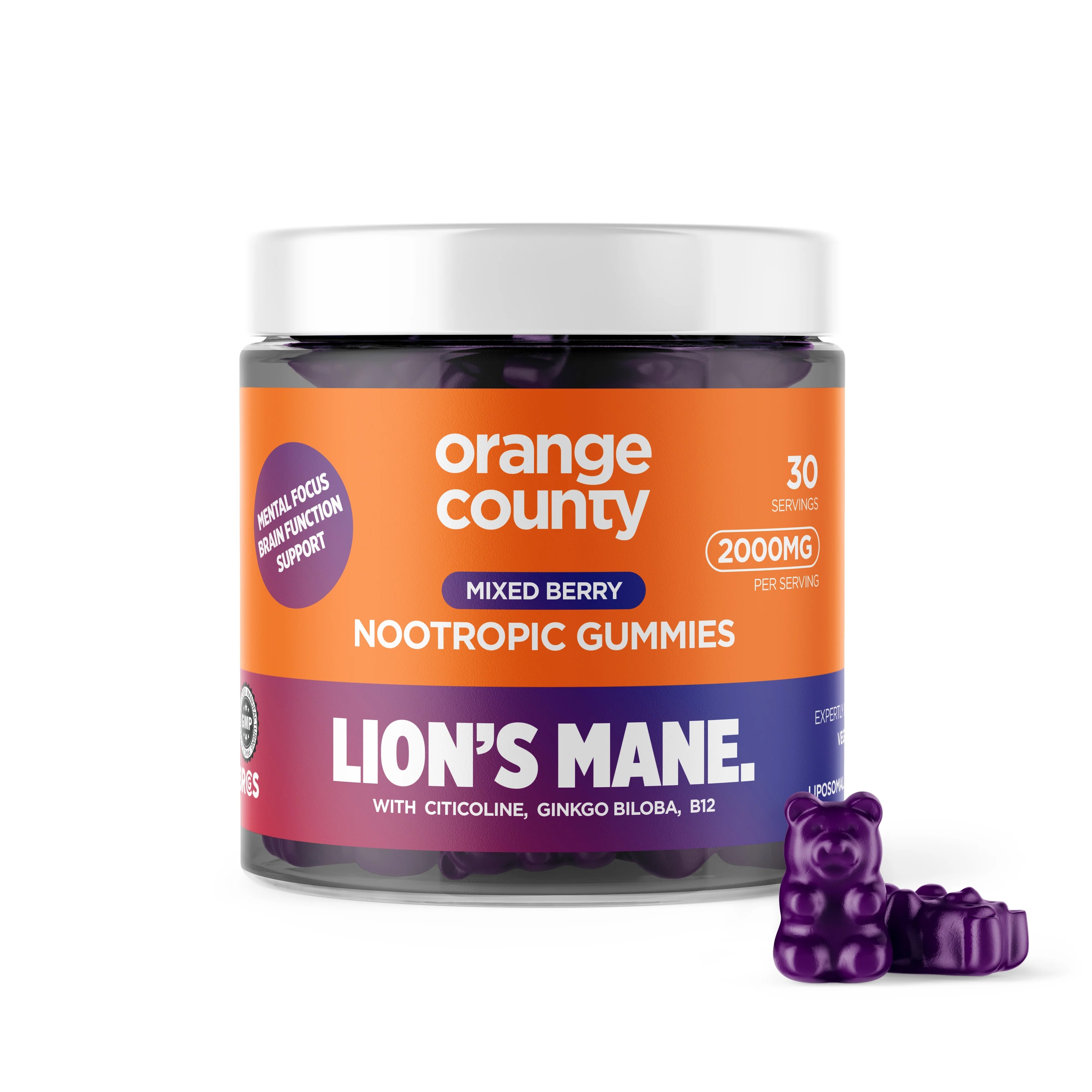 Orange County Lion's Mane Nootropic Gummies mixed berry flavour, 2000mg pack