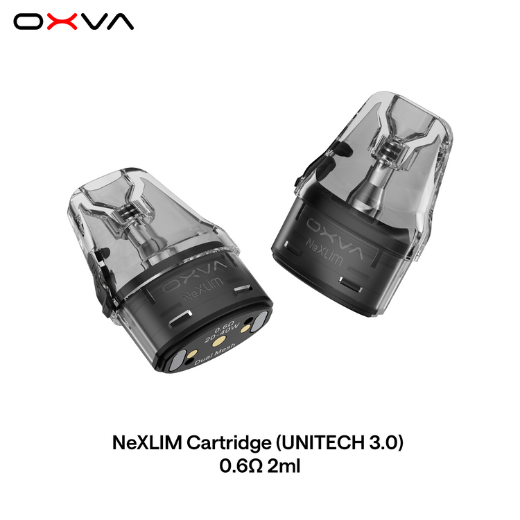 OXVA NeXLIM UNITECH 3.0 0.6 ohm pod showing top fill and dual mesh coil